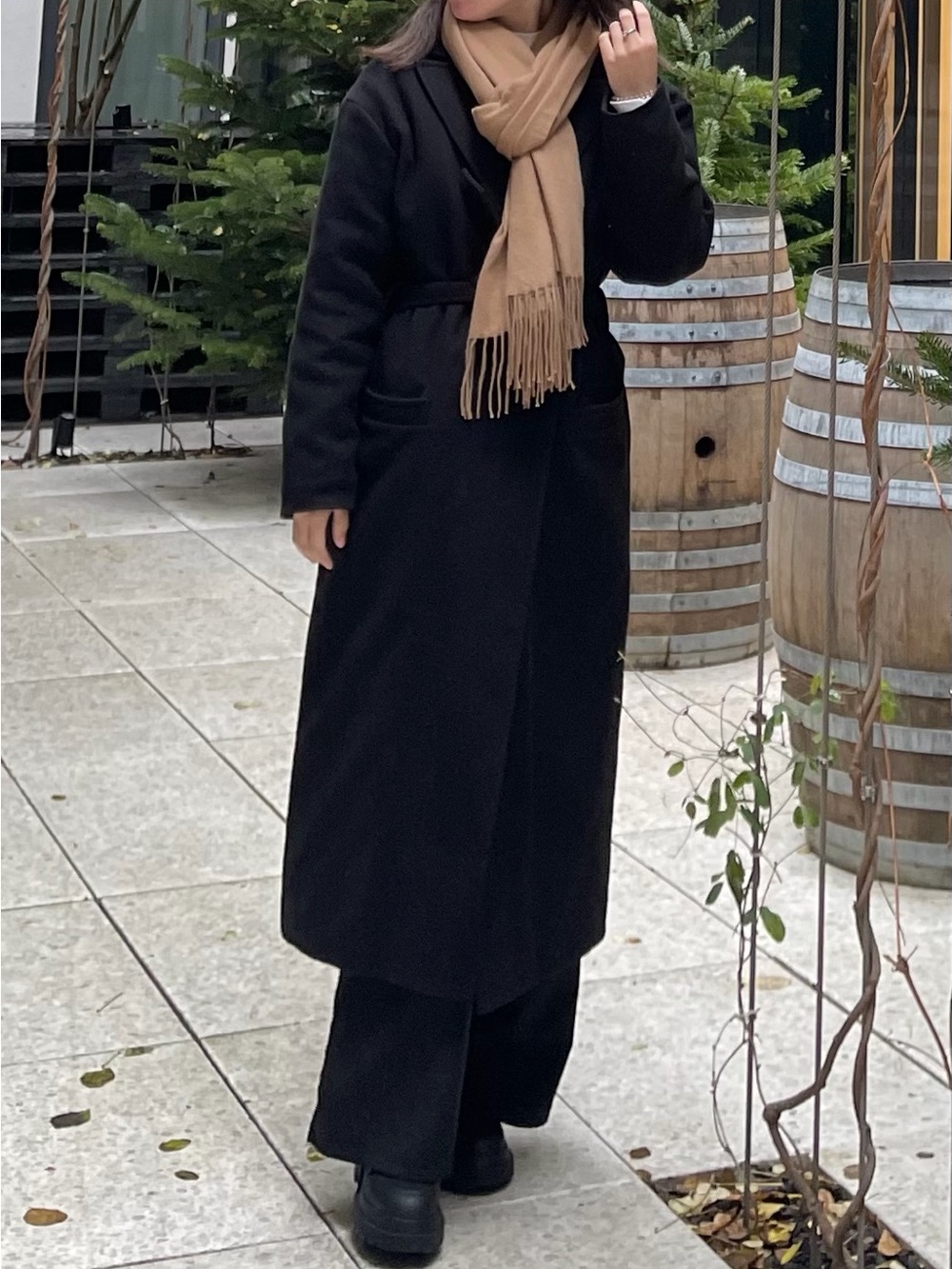Classic Black Long Wool Coat with Camel Scarf